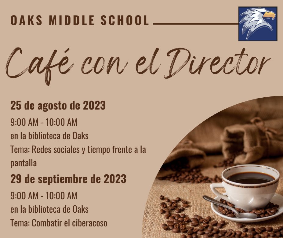 Hey Oaks Parents! Please join us this Friday August 25th for Coffee with the Principal, where we will be discussing Social Media and Screen Time.