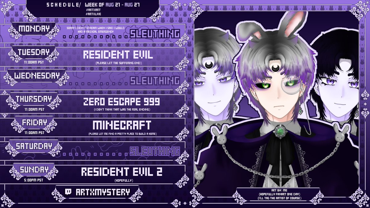 artxmystery's tweet photo. [🔎Weekly Schedule🌙]
Aug 21 - Aug 27🐇

new sched! i had a medical emergency today, imma use today to try to heal my mouth, sorry again for this being so last min

general: #artXmystery
art: #artXart
live: #artXlive
clips: #artXclips
memes: #artXmeme

https://t.co/oNVgTx5nC8 https://t.co/PIvoy1bIQg