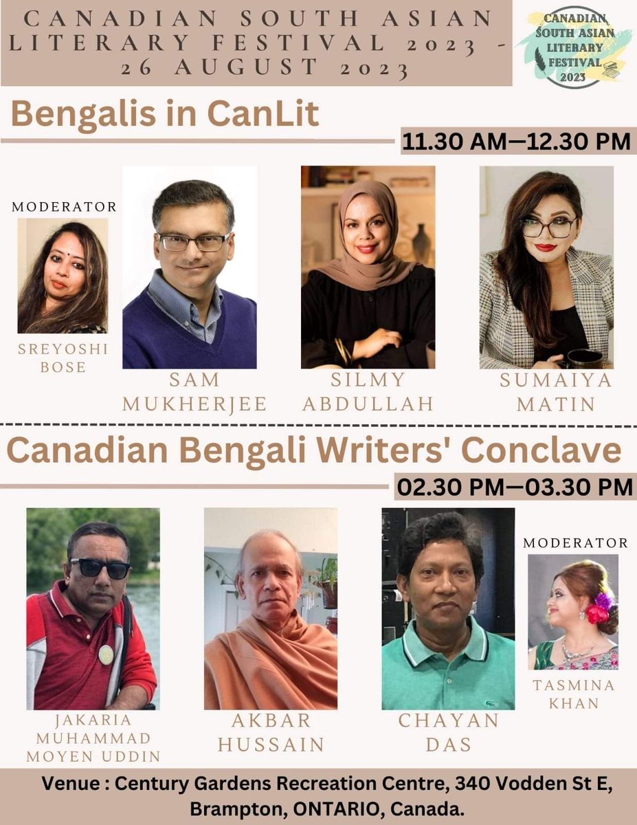 Sumaiya Matin سمية (@sumaiya_matin) on Twitter photo Join me at the Canadian South Asian Literary Festival on August 26 at 11:30am. This is a FREE event!
Time: 10:00 am - 10:00 pm.
Venue: Century Gardens , 340 Vodden Street East, Brampton, Ontario, L6V 1N4, Canada
See you there! <a href="/dundurnpress/">Dundurn Press</a> <a href="/Subratakdas/">Subrata Kumar Das</a> Join me at the Canadian South Asian Literary Festival on August 26 at 11:30am. This is a FREE event!
Time: 10:00 am - 10:00 pm.
Venue: Century Gardens , 340 Vodden Street East, Brampton, Ontario, L6V 1N4, Canada
See you there! <a href="/dundurnpress/">Dundurn Press</a> <a href="/Subratakdas/">Subrata Kumar Das</a>