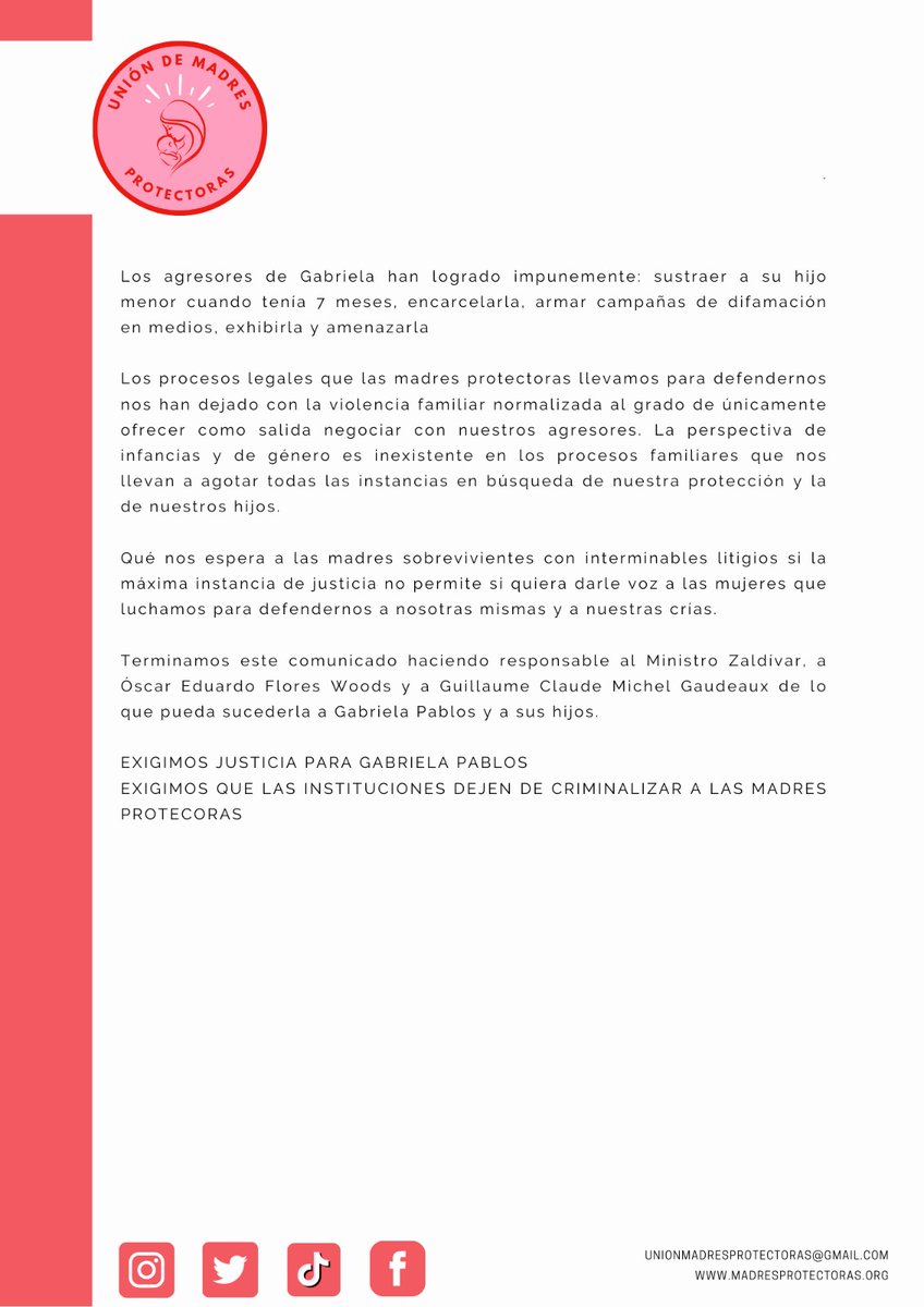🚨📢🚨📢🚨📢🚨
Las Madres Protectoras exigimos #JusticiaParaGabyPablos No permitiremos que le arrebaten a sus 2 hijos!! Basta de valerse de amarillismo y chismes para criminalizar a nuestra compañera @gabypabloss 
Basta de ignorar las pruebas! <a href="/ArturoZaldivarL/">Arturo Zaldívar</a> <a href="/CorteIDH/">Corte Interamericana de Derechos Humanos</a>