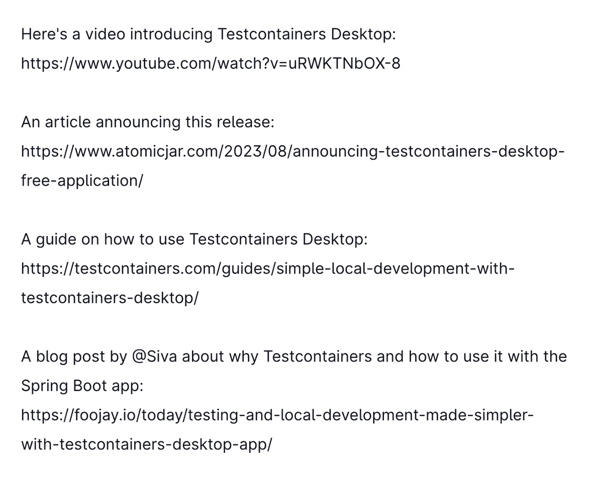 We released the @Testcontainers Desktop; it enhances how you work with Testcontainers setups. Video: youtube.com/watch?v=uRWKTN… Blogpost: atomicjar.com/2023/08/announ… A how-to: testcontainers.com/guides/simple-… Another blogpost: foojay.io/today/testing-…