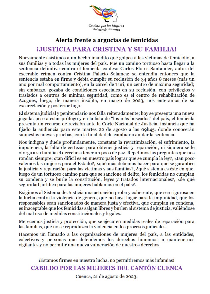 CabildoMujeres's tweet photo. Desde el Cabildo por las Mujeres del cantón Cuenca nos pronunciamos sobre la solicitud de recurso de revisión de la sentencia de Carlos Flores Santander, femicida de #CristinaPalacio 👇 https://t.co/k09hQlZhnv
