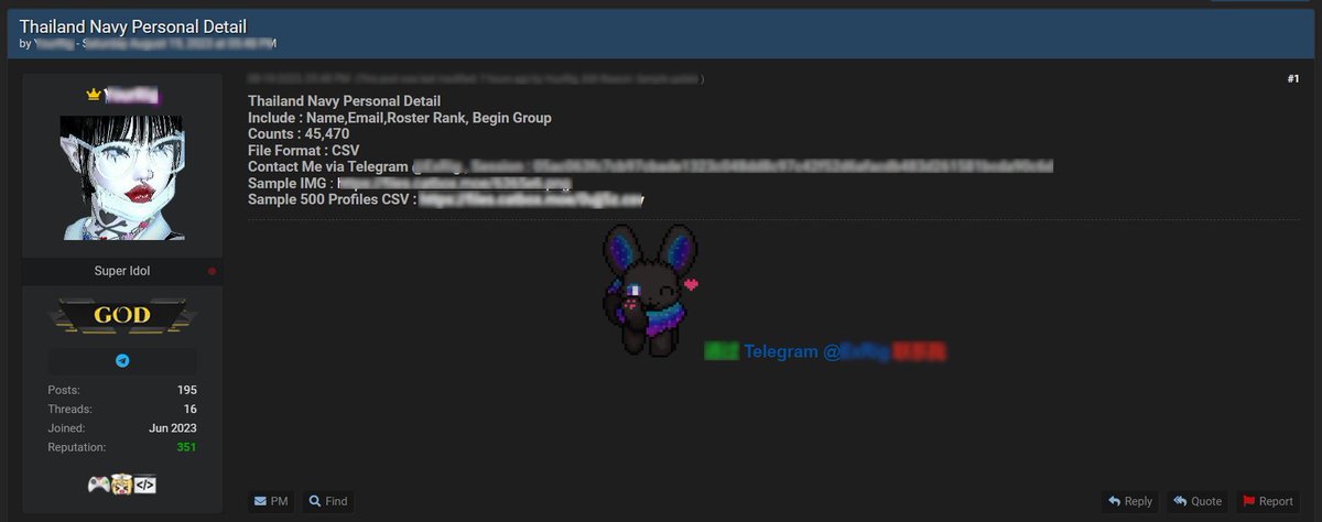 ThreatTracker's tweet photo. 🇹🇭 A threat-actor on a #hacker forum advertises alleged access to #Thailand #Navy personnel details.

The user links their #Telegram, potentially to discuss pricing. A sample 500 profiles is also included, exported as a CSV-file. https://t.co/vYi4unxqIX