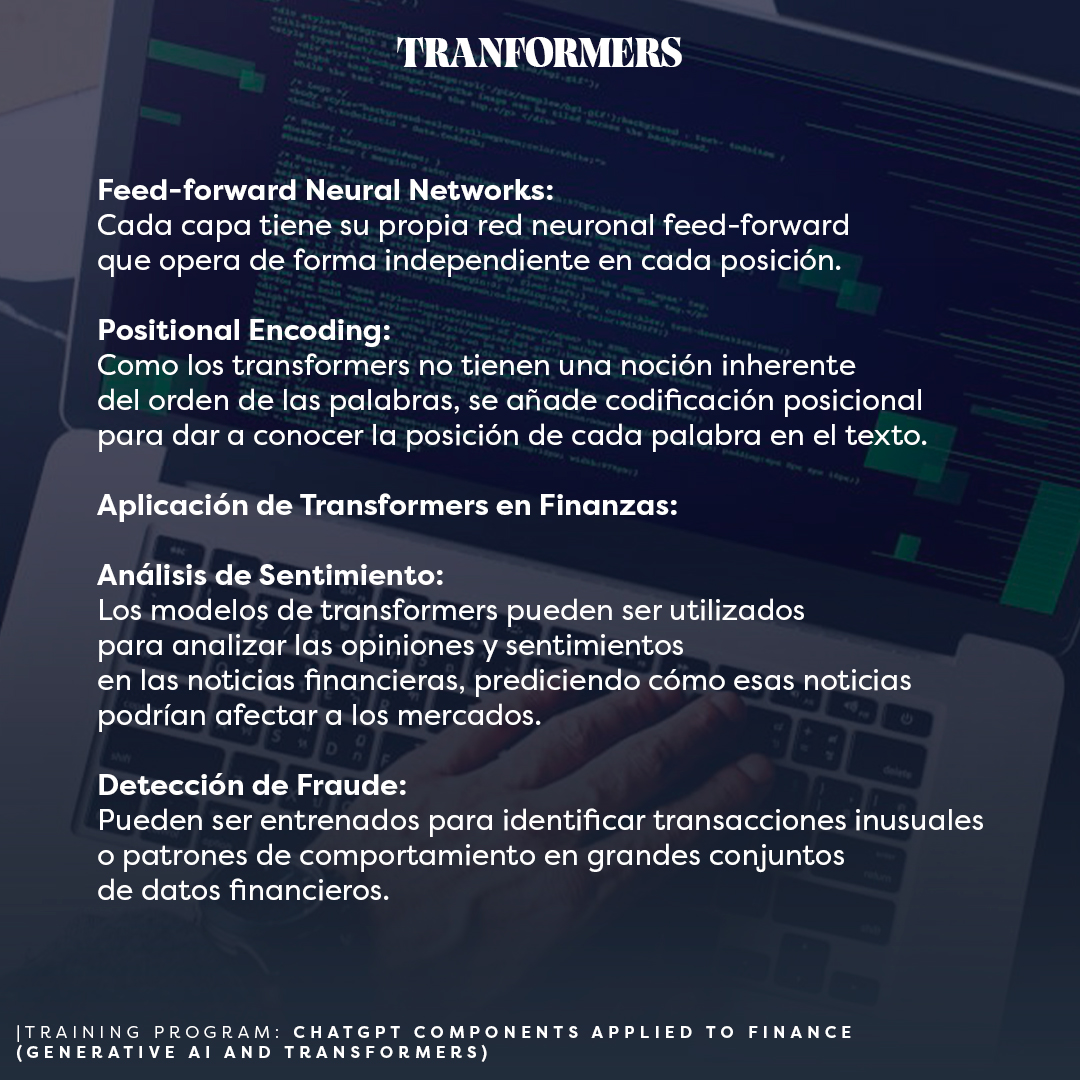 RiskMathicsFI's tweet photo. TRANSFORMERS.
| Training Program "Chat GPT Components Applied to Finance (Generative IA and Transformers)"
Más información e Inscripción aquí: https://t.co/gvnrpYkoeu
#KeepYourHungerForKnowledge
#risk #riskmathics #riskmanagement #ChatGPT #Finance #GenerativeIA #RMTC2023 https://t.co/E9SaL07u02