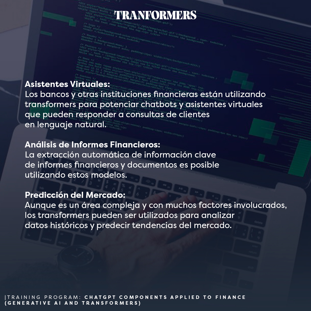 RiskMathicsFI's tweet photo. TRANSFORMERS.
| Training Program "Chat GPT Components Applied to Finance (Generative IA and Transformers)"
Más información e Inscripción aquí: https://t.co/gvnrpYkoeu
#KeepYourHungerForKnowledge
#risk #riskmathics #riskmanagement #ChatGPT #Finance #GenerativeIA #RMTC2023 https://t.co/E9SaL07u02