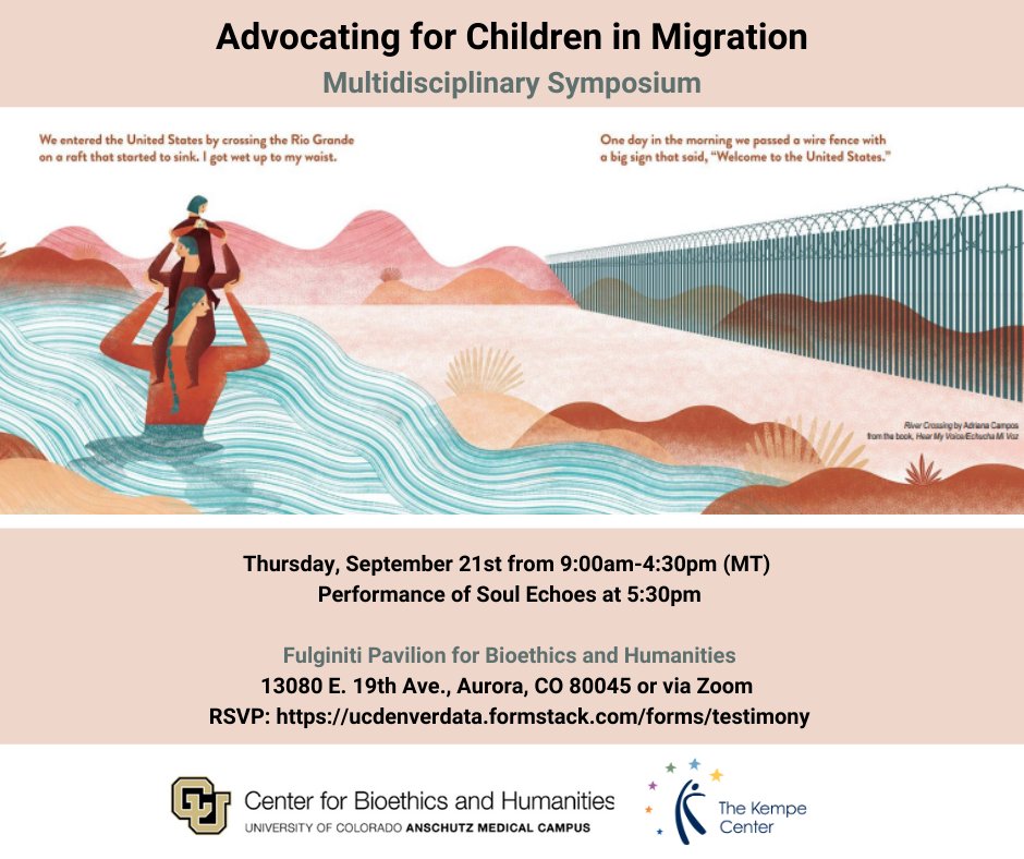Join us for a multi-disciplinary hybrid event will feature visiting speakers &amp; artists who will be discussing advocacy for the rights of children in migration. Register by Friday, September 15th at ucdenverdata.formstack.com/forms/testimony.

#ChildWelfareEvent