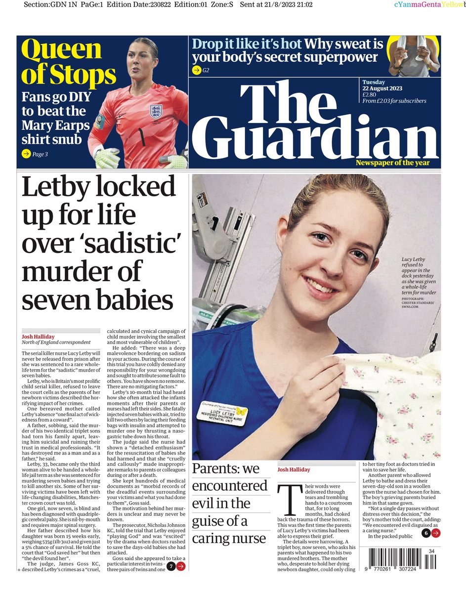 Tuesday's Guardian: Letby locked up for life over 'sadistic' murder of seven babies #TomorrowsPapersToday #TheGuardian #Guardian