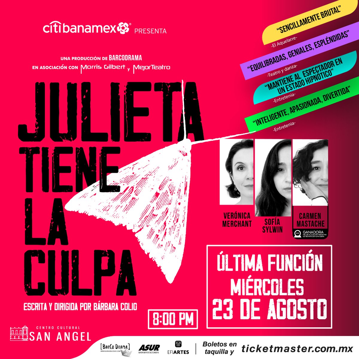 mejorteatro's tweet photo. ¡ATENCIÓN! Este miércoles es la última función de #JulietaTieneLaCulpa 🦋. ¿Te la vas a perder? ¡Entonces no esperes más, adquiere ya tus boletos y acompáñanos!

📍 Centro Cultural San Ángel
📆 Miércoles 23 de agosto
⏰ Función a las 8:00 p.m.
🎟️ https://t.co/3LVcorKNsC https://t.co/1R9I77eBdK