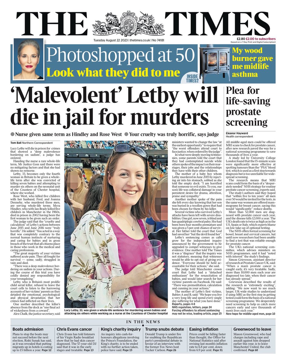 Tuesday's Times: 'Malevolent' Letby will die in jail for murders #TomorrowsPapersToday #TheTimes #Times
