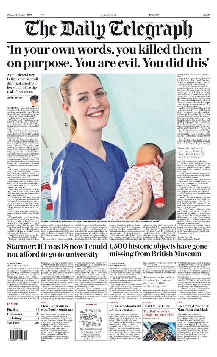 Tuesday's Telegraph: 'In your own words, you killed them on purpose. You are evil. You did this' #TomorrowsPapersToday #DailyTelegraph #Telegraph