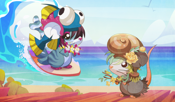 Transformice's tweet photo. The weather is splendid, so head outside to the beach with this week's Surf VS Turf outfits! Will you build up an appetite for #TeamSurf or take a big bite into #TeamTurf? Make your decision before they're all cooked out tomorrow! 🍤🆚🥩 https://t.co/ySUfI4bBZa