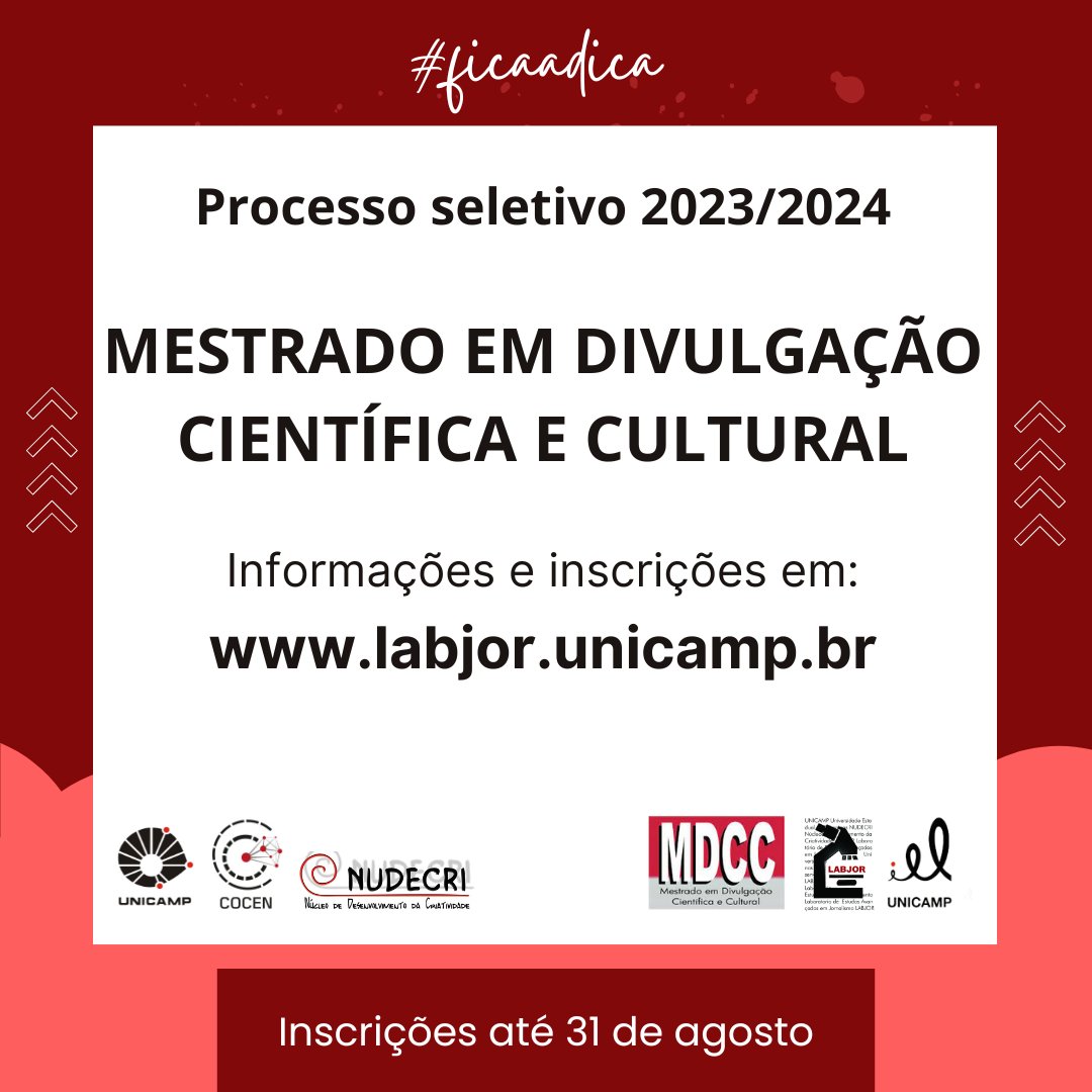 bruno_laracm's tweet image. LabJor abre inscrições para "Mestrado em divulgação científica" - @Labjor_Unicamp 

dissertacaosobredc.blogspot.com/2023/08/labjor…

#Jornalismo #DivulgaçãoCientífica #Labjor #Unicamp