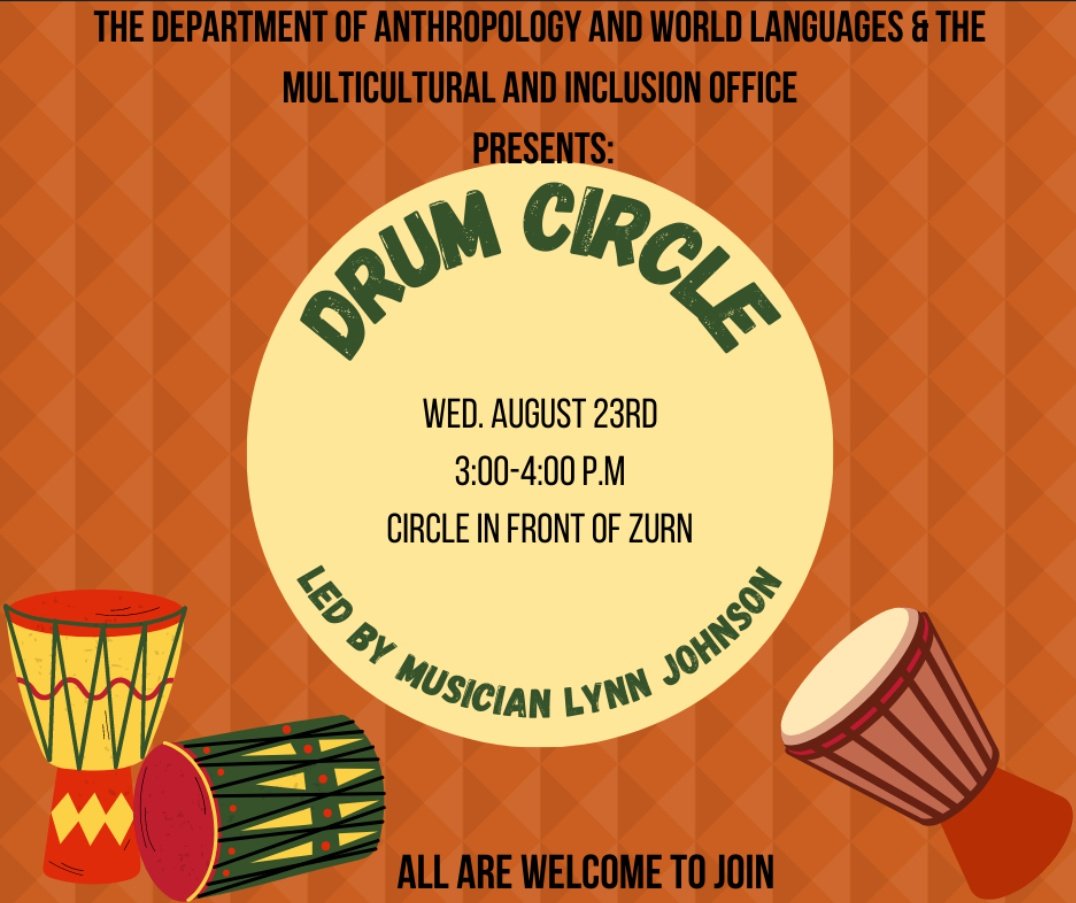 HurstAnthArch's tweet photo. Join us on Wednesday for a drum circle! 🪘🎵🪘🎵 (Event will be relocated to Luke's Landing on the lower level of the Student Union if it rains) https://t.co/krOAnMjfOz