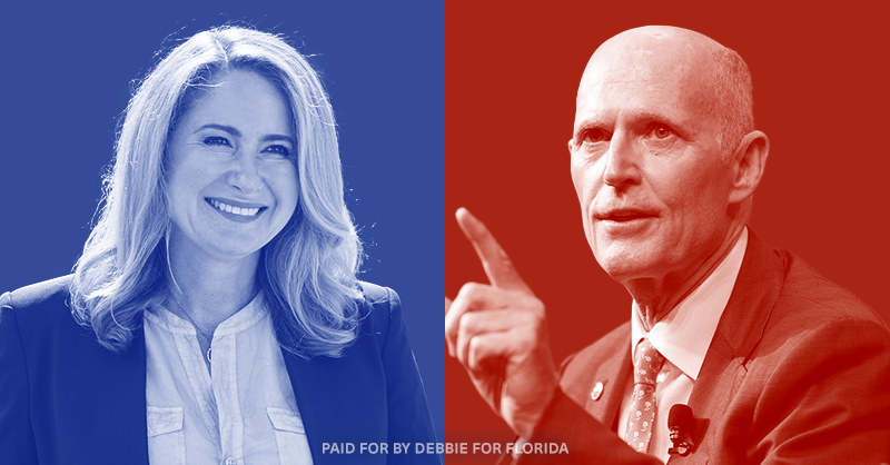 DebbieforFL's tweet photo. It’s Debbie. I'm an immigrant, a former congresswoman, a gun safety advocate, and the Democrat running to defeat Sen. Rick Scott. He won by just 0.12% of the vote last time. Now, Senate control could all come down to Florida. Will you give now to help me flip Florida blue?