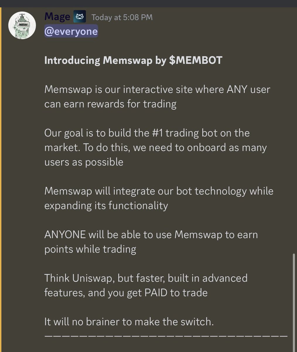 MRMILLI0NAIRE's tweet image. Bullish news just dropped in the @memboteth discord. 

-One of the few coins out that are truly building a great product. 
-Bullish discord trading BOT 
-Trading earns you points and you get points by holding 

   *SWAP SITE GOES LIVE TONIGHT* 

Been holding a great floor, with a…