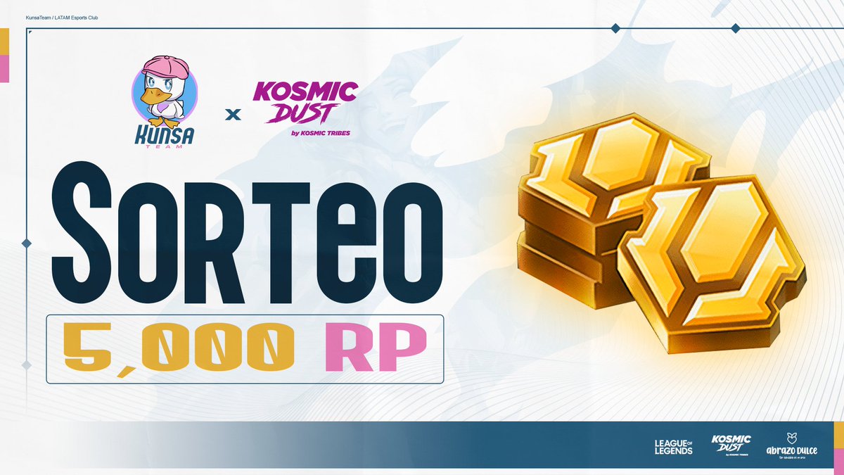¡ATENTOS DUCKIENAUTAS!🦆🚀

Junto con nuestro partner les traemos un SORTEO de 5,000 Riot Points. 🧧

💫 Seguir <a href="/KunsaTeam/">Kunsa</a> y @KosmicDustMx 
💫 Fav❤️y RT🔁
💫 Etiquetar a 2 amigos 🕺
El ganador será anunciado el Lunes 4 de septiembre.

*3 Ganadores
**Sorteo para LAN y NA. 
#KSAWIN