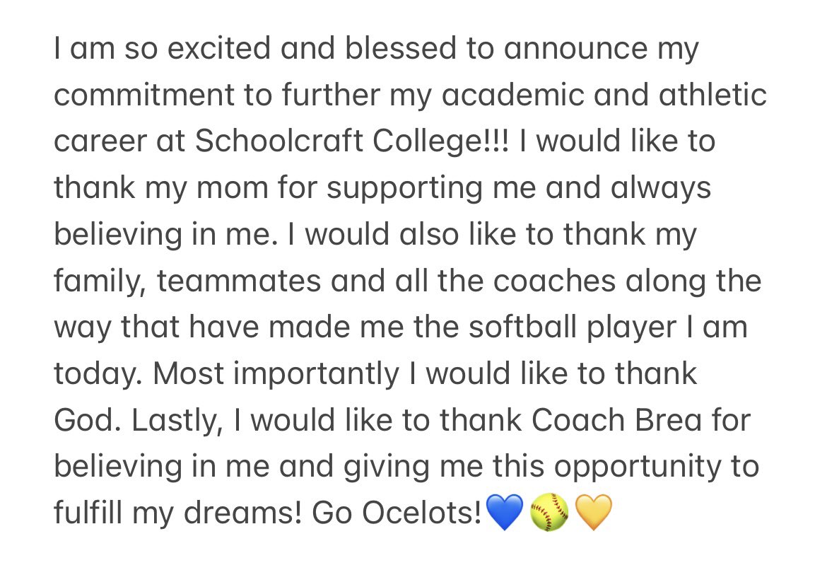 Super excited to continue my softball career at Schoolcraft College!!! My dream has come true!!! Thank you so much <a href="/Ocelot_Softball/">Schoolcraft College Softball</a> <a href="/coachbrea_/">Coach Brea</a> !!!
GO OCELOTS!!!💙🥎💛
