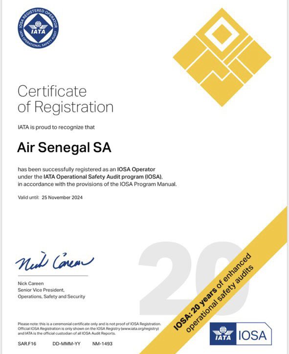 __DDKA's tweet photo. Air Sénégal SA certifié IOSA Operator :

Nous sommes fiers et honorés de présenter cette nouvelle reconnaissance #internationale qui vient récompenser l’engagement et la mobilisation quotidienne de toutes les équipes de @FlyAirSenegal  qui œuvrent à la satisfaction des passagers.   Après avoir résisté au plus grand défi de l’histoire de l’aviation civile avec la pandémie de la #Covid19, #AirSénégal va beaucoup mieux.   Le plan de relance de la compagnie entamé en novembre 2022, a permis d’obtenir une première grande victoire avec l’obtention de la certification #IOSA. 

Avec cette homologation internationale qui concerne toute la chaîne de 
sécurité opérationnelle, la formation et l’entraînement des équipages, la maintenance et la conduite des opérations aériennes, Air Sénégal entre dans le gotha mondial des compagnies aériennes labellisées IOSA.  Je voudrais remercier le @PR_Senegal @Macky_Sall  pour son soutien constant et féliciter toute l’équipe d’Air Sénégal SA, en premier lieu son directeur général Alioune Badara Fall pour son expertise, son professionnalisme et son engagement pour transformer notre pavillon national en compagnie de référence en #Afrique.

#DDKA