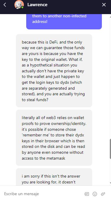 TheCryptoBara's tweet photo. @dYdX My funds are trapped on your Exchange, My wallet was compromised by some flashbot sweeper and if I withdraw the funds, they get redirected instantly. Your customer support basically sayed to me to get lost. https://t.co/nNwY0wtGM5