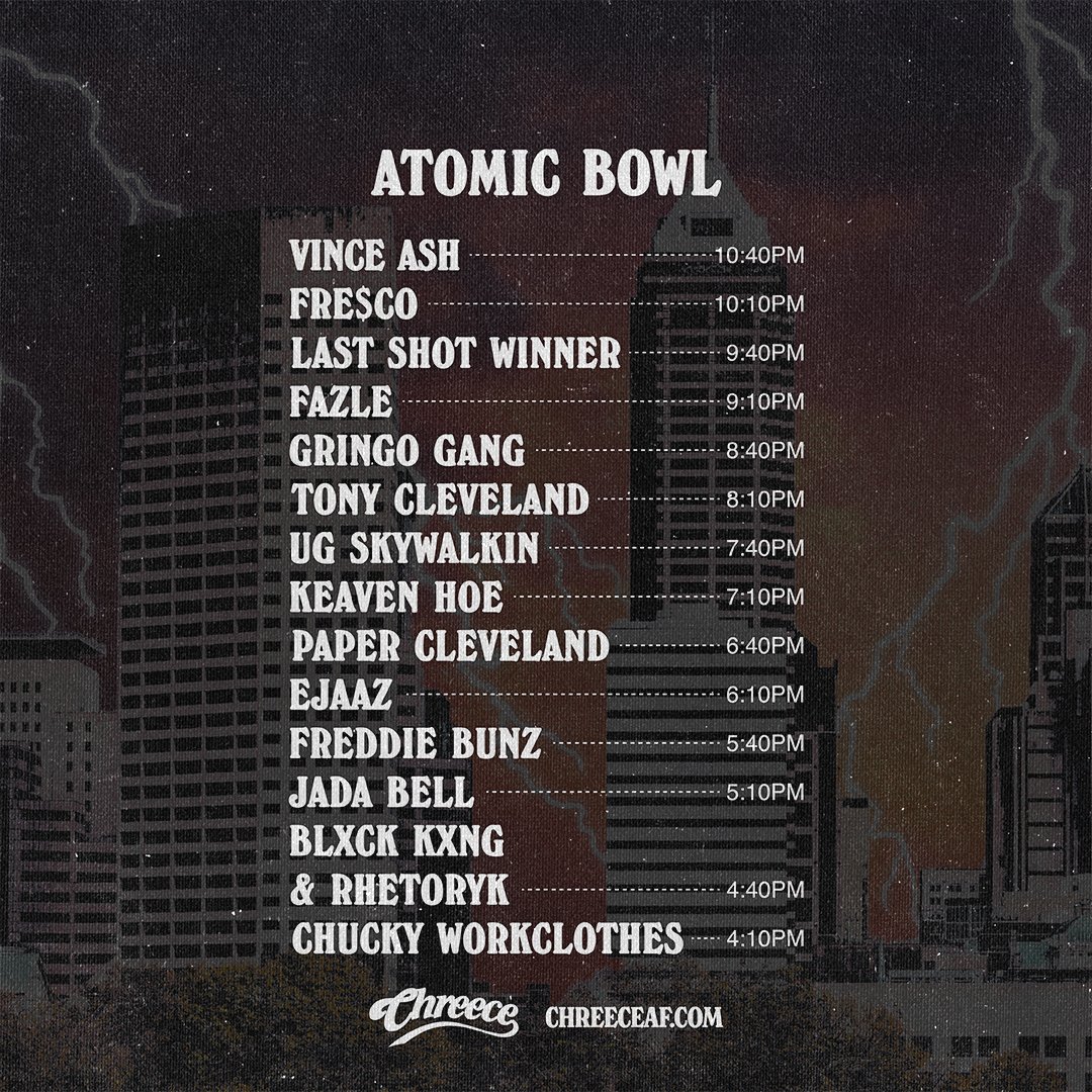 Chreece (@chreeceaf) on Twitter photo 🚨 CHREECE SCHEDULE 🚨
📍Atomic Bowl
<a href="/652Vinceash/">VINCE ASH</a> <a href="/yungscobaby/">fre$co.</a> <a href="/JetStayHigh/">Jet Santiago ☀️</a> <a href="/DamnDatKidFazle/">Maybe ill come back. maybe i wont - Fazle</a> <a href="/GringoGangGG/">GringoGangGG</a> #tonycleveland
<a href="/Ug_skywalkin/">Ugskywalkin</a> <a href="/KeavenHoe/">DAD™️</a> <a href="/PaperCleveland/">Paper Cleveland</a> @EJAAZtheSPAZZ <a href="/freddiebunz/">freddie bunz</a> <a href="/jadamfbell/">Jada Bell</a> @blxckkxng3rd <a href="/Rhetoryk_3rd/">Rhetoryk</a> <a href="/d431f961000c451/">ChuckyWorkclothes</a>
🎟️chreeceaf.com🎟️ 🚨 CHREECE SCHEDULE 🚨
📍Atomic Bowl
<a href="/652Vinceash/">VINCE ASH</a> <a href="/yungscobaby/">fre$co.</a> <a href="/JetStayHigh/">Jet Santiago ☀️</a> <a href="/DamnDatKidFazle/">Maybe ill come back. maybe i wont - Fazle</a> <a href="/GringoGangGG/">GringoGangGG</a> #tonycleveland
<a href="/Ug_skywalkin/">Ugskywalkin</a> <a href="/KeavenHoe/">DAD™️</a> <a href="/PaperCleveland/">Paper Cleveland</a> @EJAAZtheSPAZZ <a href="/freddiebunz/">freddie bunz</a> <a href="/jadamfbell/">Jada Bell</a> @blxckkxng3rd <a href="/Rhetoryk_3rd/">Rhetoryk</a> <a href="/d431f961000c451/">ChuckyWorkclothes</a>
🎟️chreeceaf.com🎟️