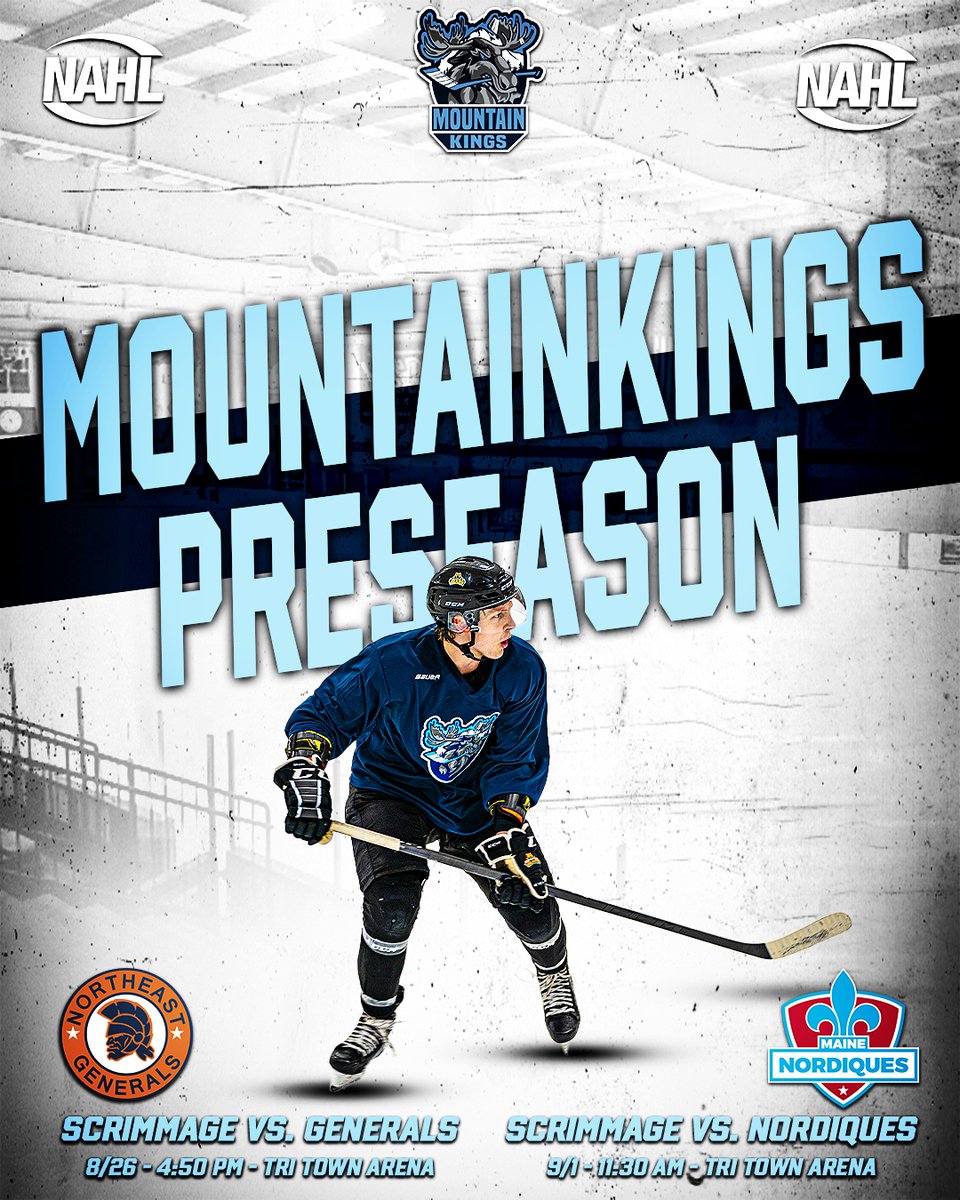 nhmountainkings's tweet photo. 🚨PRESEASON SCHEDULE🚨

We are excited to announce our slate of preseason games that will be played at our home rink Tri-Town Arena!

8/26 Scrimmage vs. Northeast Generals @4:50PM
9/1 Scrimmage vs. Maine Nordiques @11:30AM

*FREE ADMISSION* https://t.co/CjaGLMuShy