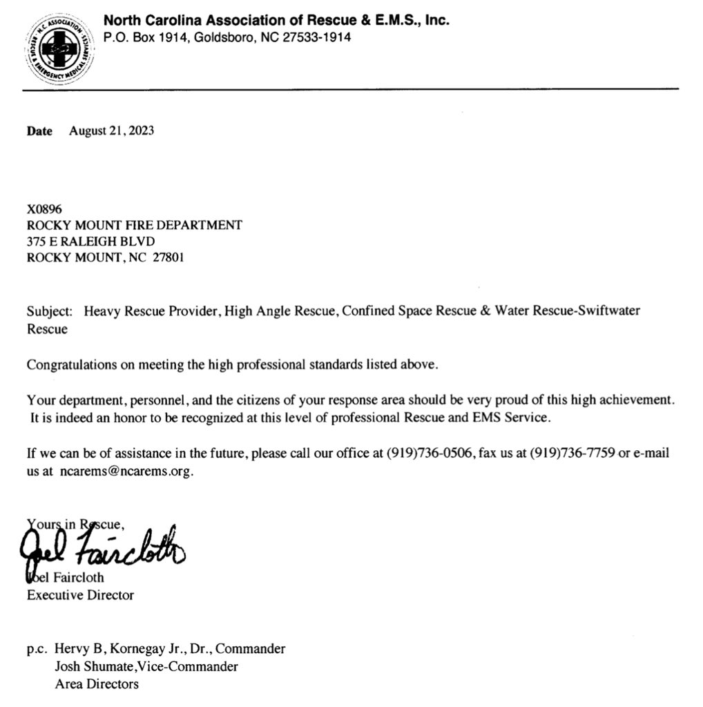 This has been a long time coming for our department. Today we were formally recognized as a Heavy Rescue, High Angle Rescue, Confined Space Rescue, and Water-Swiftwater Provider by the NC Association of Rescue and E.M.S., Inc. It is indeed an honor for us and our citizens.