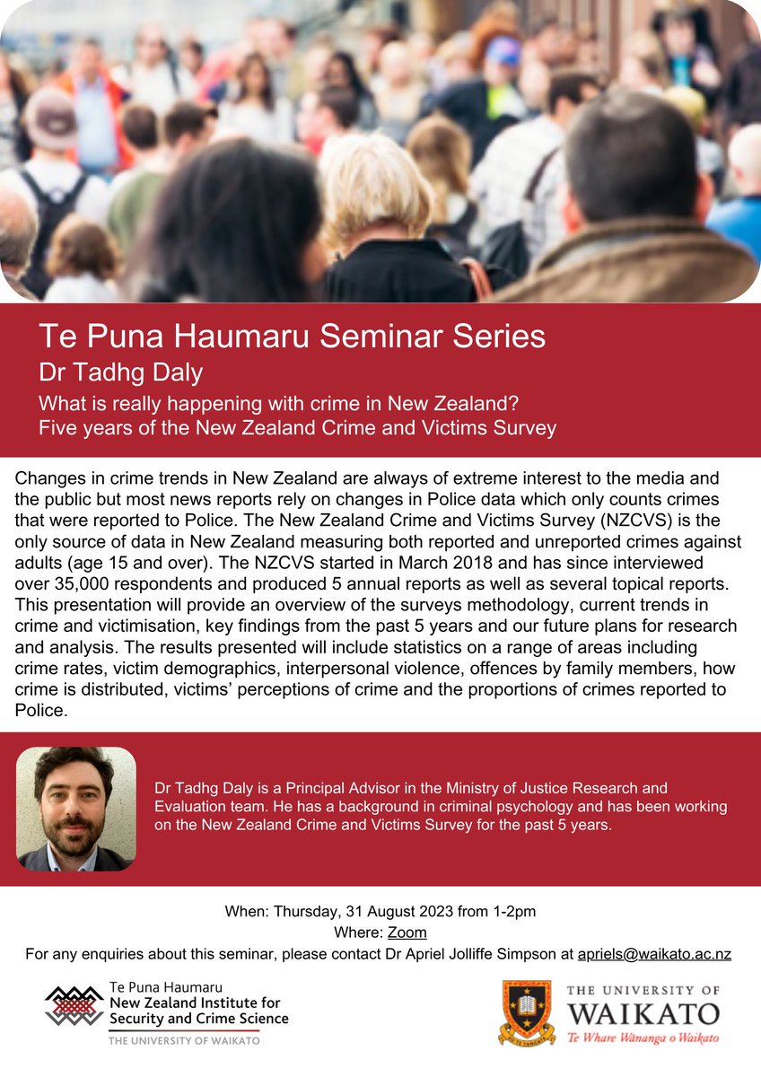 RESCHEDULED: Dr Tadhg Daly's seminar on what is really happening with crime in New Zealand will now be held on Thursday 31st August at 1-2pm NZST! All are welcome! Contact @JolliffeSimpson for the zoom link 🔗 @waikato @justicenzgovt