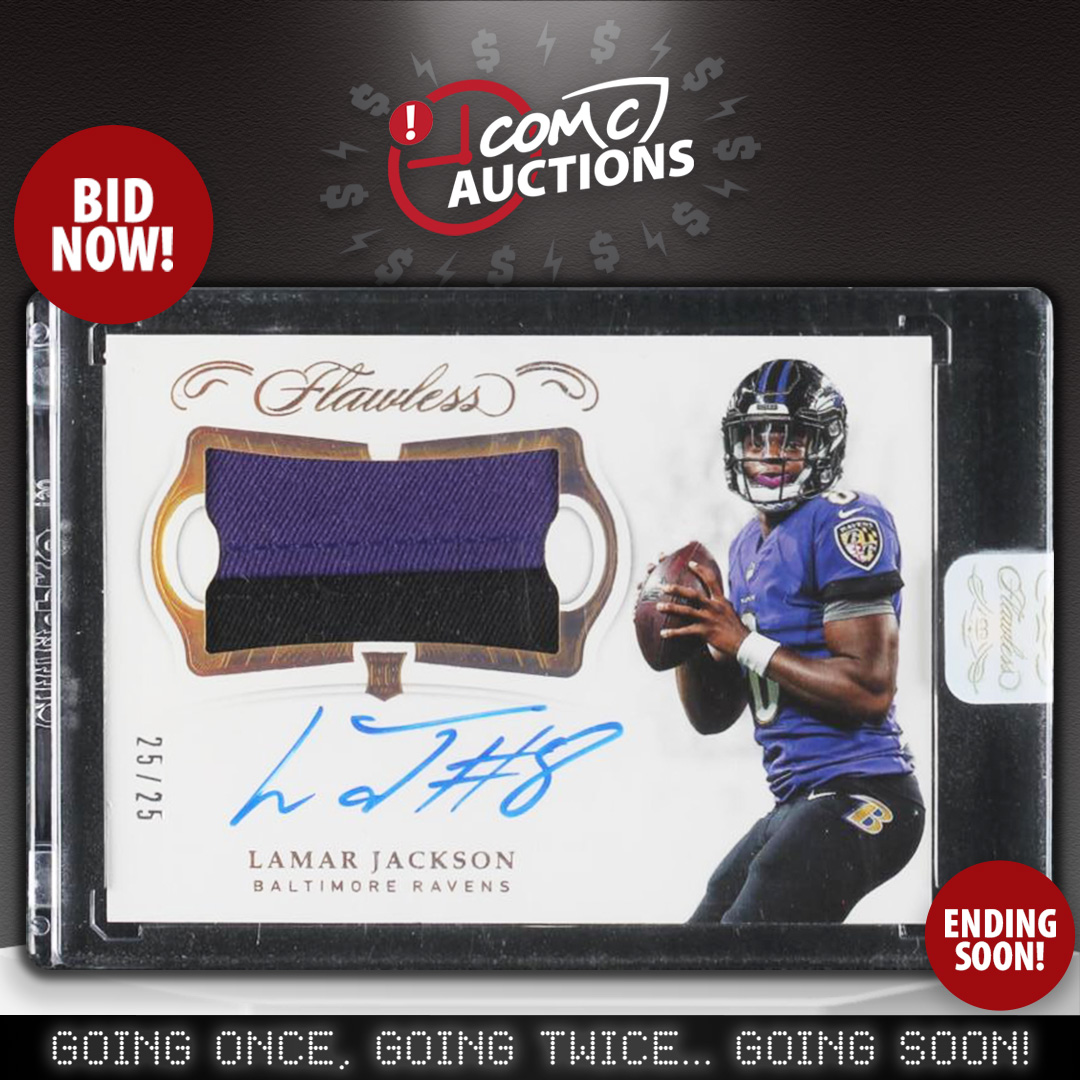 CheckOutMyCards's tweet photo. 🚨 Calling all @Ravens fans! 🙌 You don't want to miss out on this 2018 Panini Flawless Rookie Patch Autographs of Lamar Jackson, numbered 25/25! 😍

Bid now, this COMC auction ends on Tuesday! https://t.co/WUA0vSfjkP

#COMCAuctions #LamarJackson https://t.co/r6FBJC9Mnh