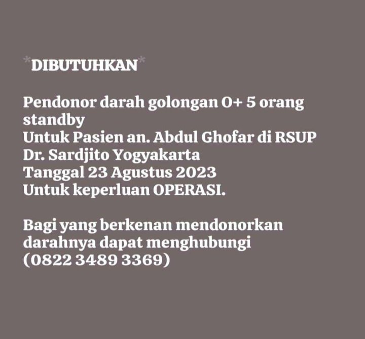 amrudinnejad_'s tweet photo. Untuk Sahabat saya Abdul Ghofur, Ngawi yang besok 23 Agustus akan melakukan Operasi ganti katup Jantung kiri atas di RSUP Dr Sardjito Yogyakarta sedang membutuhkan Golongan Dara O+ 5 Orang, bagi yang cocok dan berkenan 🙏🤲 @NdoroTedjo @WagimanDeep212_ @picoez https://t.co/n9IBTD3Znj