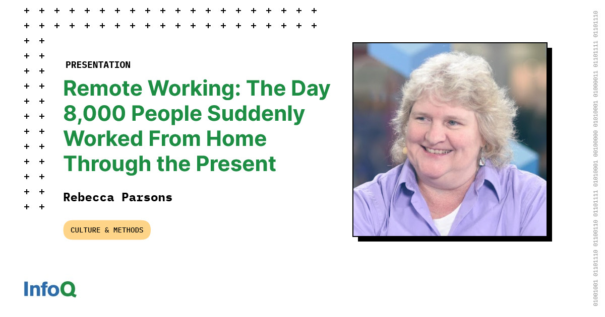 InfoQ's tweet photo. #CaseStudy - @rebeccaparsons describes the transition that #Thoughtworks made to remote working initially, and how they look today at the value of #RemoteWork, #HybridWork & #InOfficeWork: https://t.co/QqDQZUINvd
#InfoQ #Leadership #AdaptiveLeadership #RemoteDeveloper https://t.co/3A0bGaDdMQ