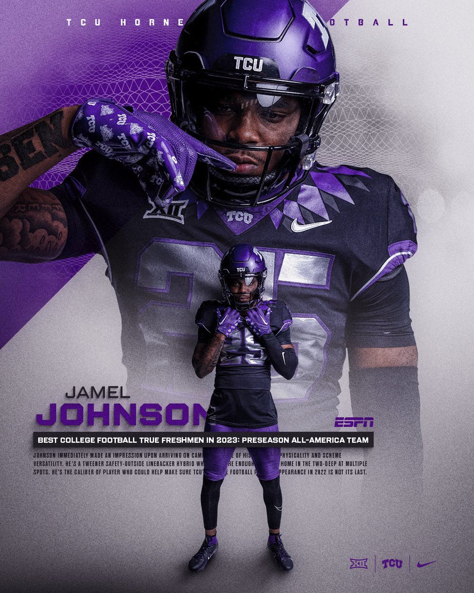 Big things loading …👀

<a href="/lil_smoove55/">jamel johnson</a> named to <a href="/espn/">ESPN</a>’s Best True Freshman in 2023: Preseason All-America Team.

#GoFrogs | #AllSteakNoSizzle