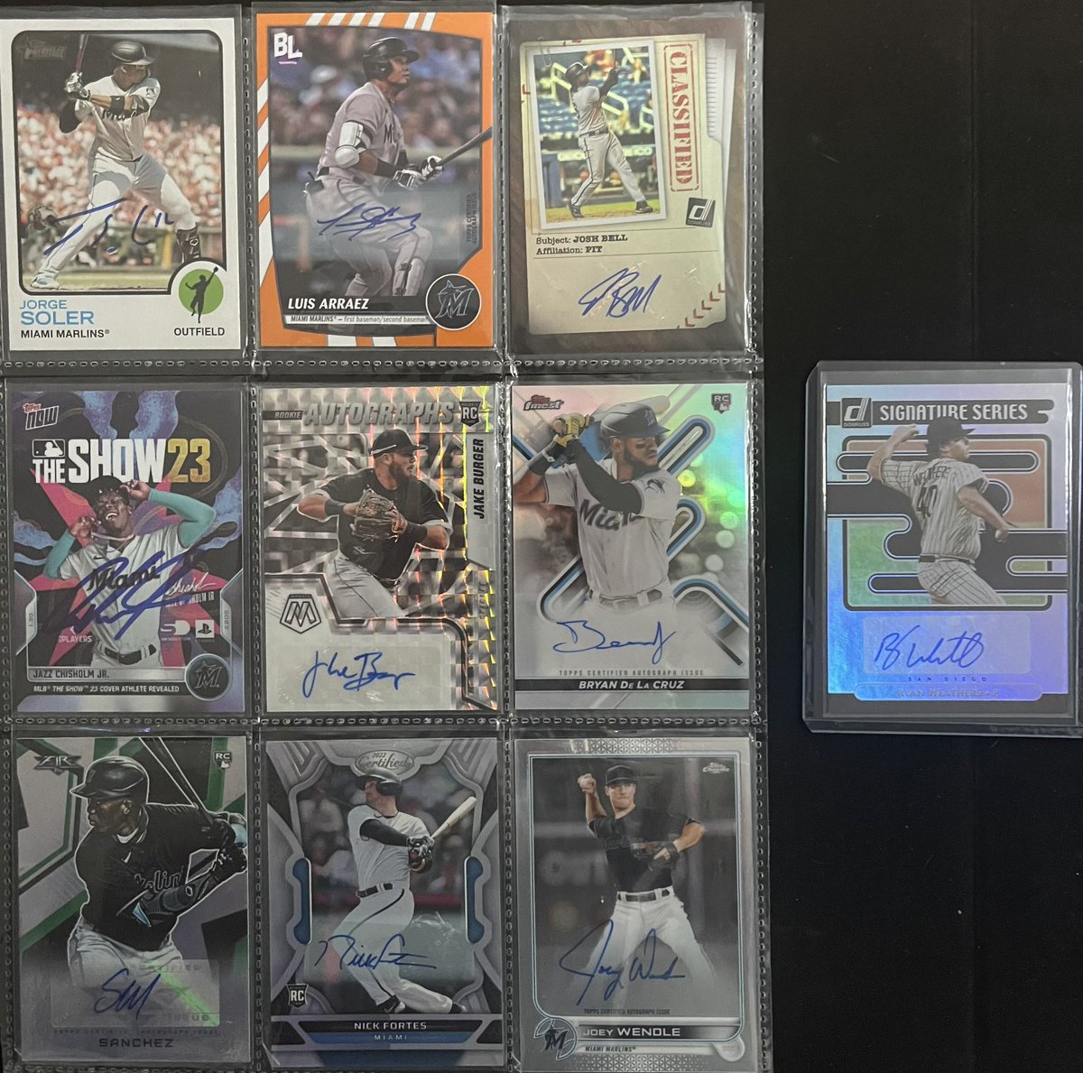 LoudMiamiFan's tweet image. HERE IS TODAYS GAME 1 in SAN DIEGO’s @MARLINS AUTOGRAPHED #BASEBALLCARD LINEUP

RYAN WEATHERS GETS HIS FIRST START ON HIS DAD’S OLD TEAM AGAINST THE TEAM THAT DRAFTED HIM! (YES HE IS PICTURED) 

#MAKEITMIAMI 
#BEATSANDIEGO 
#LETSGETLOUDER 

#JUSTKEEPSWIMMING
@CardPurchaser