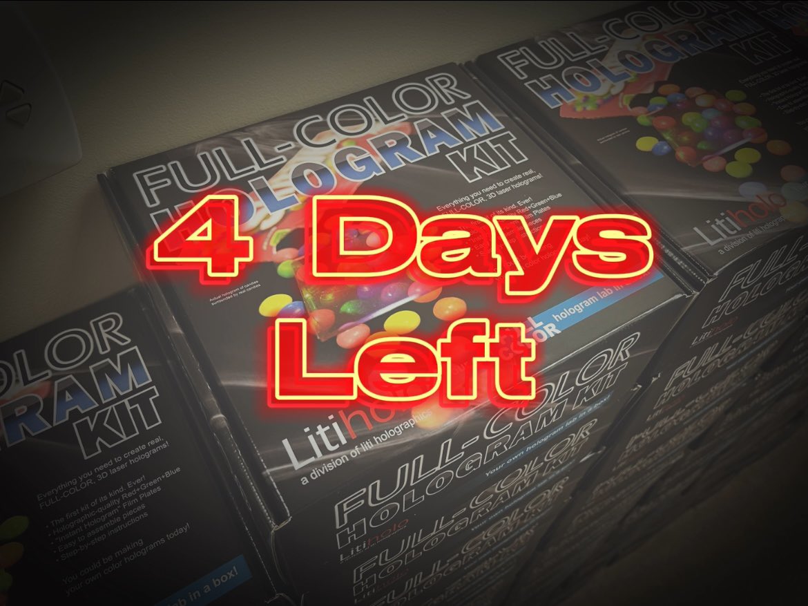 LitiHolo's tweet photo. Have you gotten your hologram kit yet?? 

Our limited production run of hologram kits will only be available for another 4 days!
Link available here: https://t.co/AoAphEfZeJ 

Offer ends THIS Friday at 11:59 PM EST. https://t.co/cLzIACQVeS