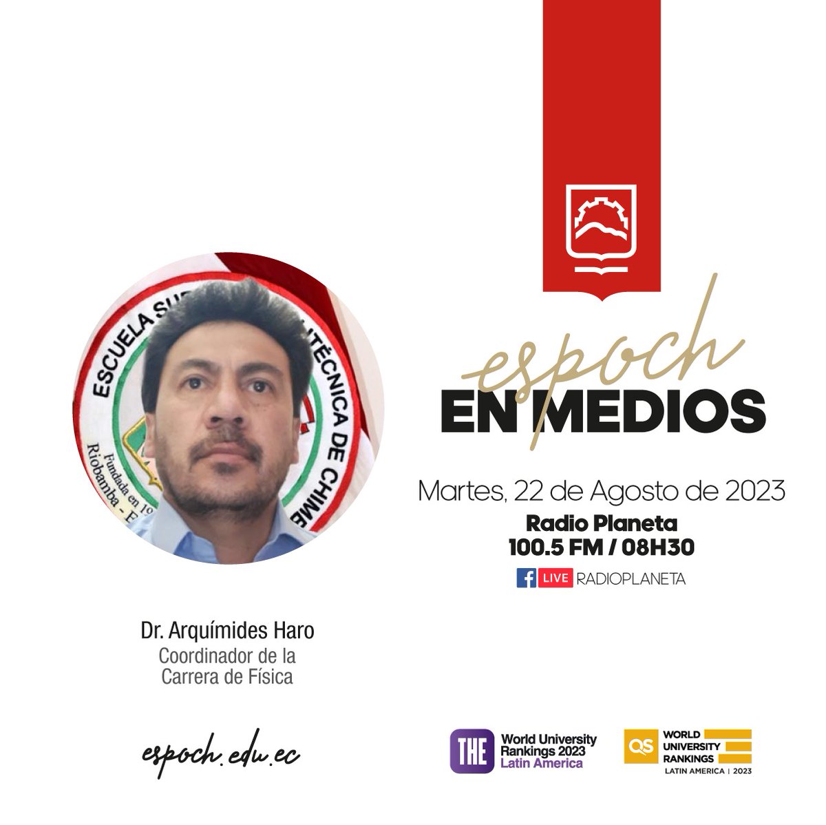 #EspochEnMedios

Te invitamos este martes 22 de agosto de 2023, a sintonizar la señal de Radio @PlanetaFM1005, la entrevista con el Ing. Arquímides Haro – Coordinador carrera de Física de la ESPOCH, a partir de las 08h30. 
  
#HacemosHistoria