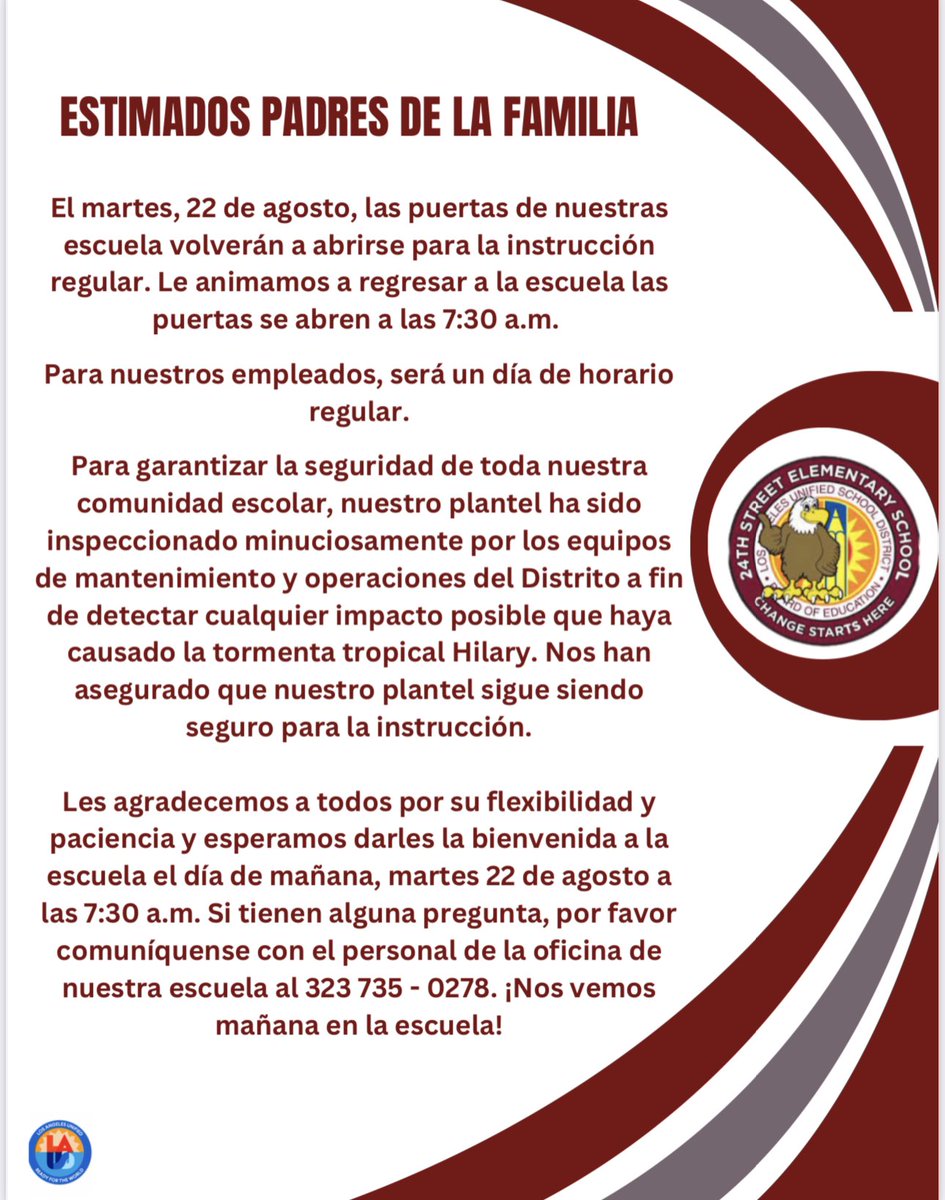 School resumes tomorrow, 8/22/23.
La escuela se reanuda mañana, martes, 22/8/23.