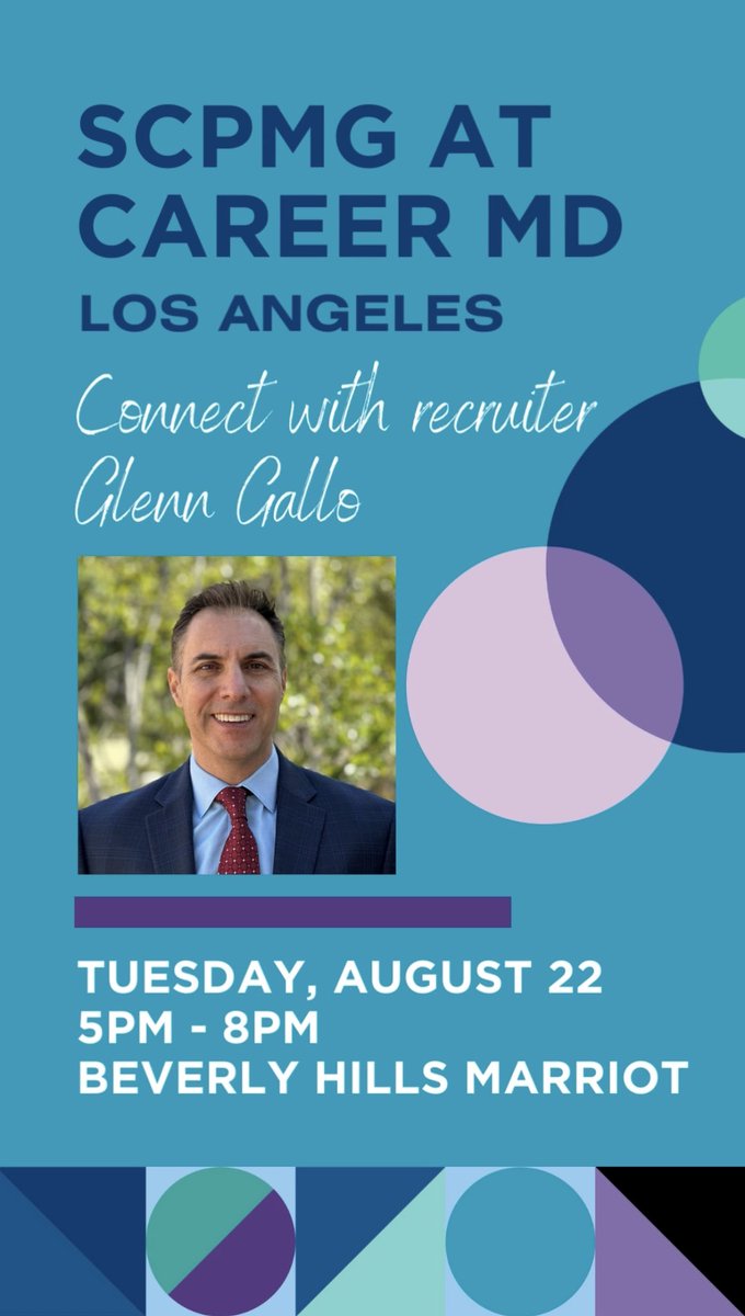 Just a reminder SCPMG will be at #Career MD Los Angeles! We have an opportunity waiting for you. Connect with our Recruiter, Glenn Gallo. 

#physician #physicianjob #MDjobs #nowhiring #LosAngeles #beverlyhills