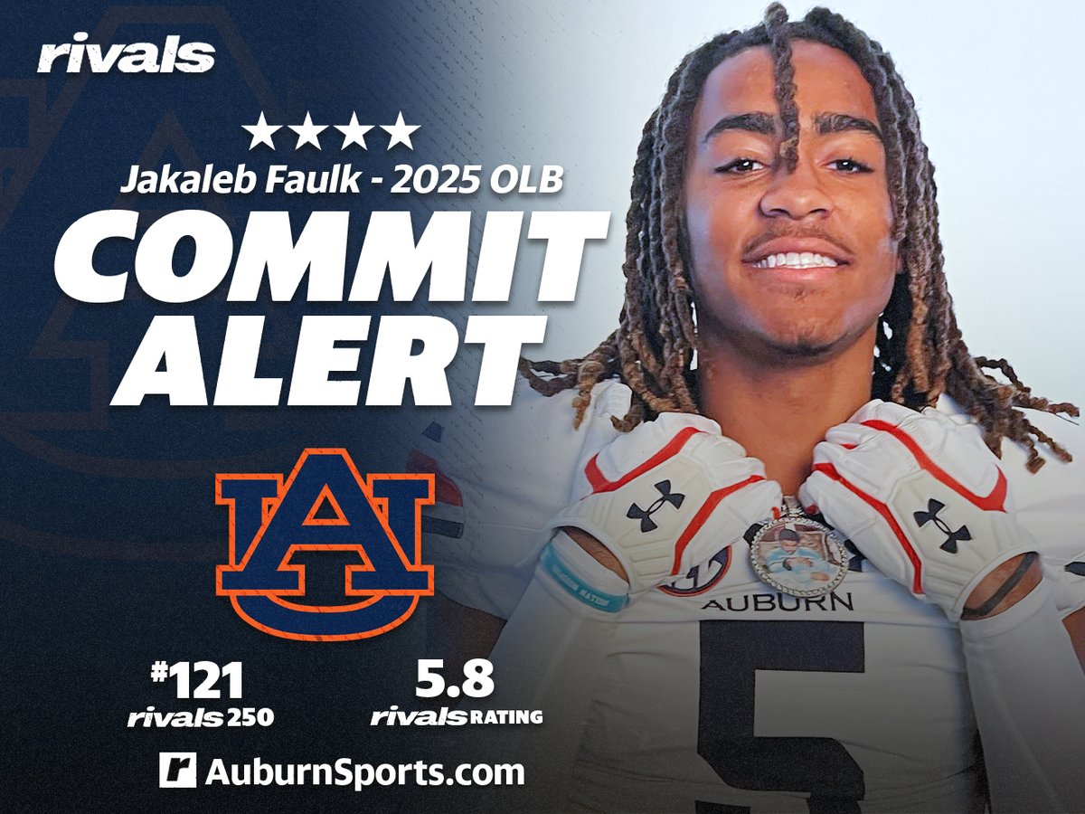 BREAKING: Auburn has landed the commitment of 2025 OLB Jakaleb Faulk. 'The way it feels to me up there, the vibe I get when I go up there.' MORE: auburn.rivals.com/news/faulk-com…