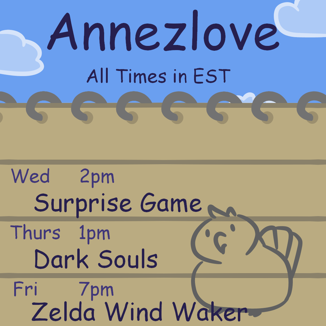 AnnezloveVT's tweet photo. We've got lots of fun planned for this week! Wednesday I'll be playing a surprise game at 2pm. On Thursday, I will be doing more exploring and fighting bosses in Dark Souls Remastered at 1pm! Friday it's a late-night stream continuing our playthrough of Wind Waker at 7pm. https://t.co/vi11A94qi1