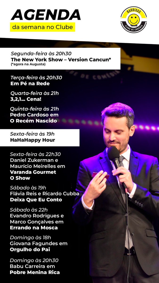 Agenda dessa semana do <a href="/clubeBarbixas/">Clube Barbixas de Comédia</a> em #sp 
Ingressos aqui clubebarbixas.com.br