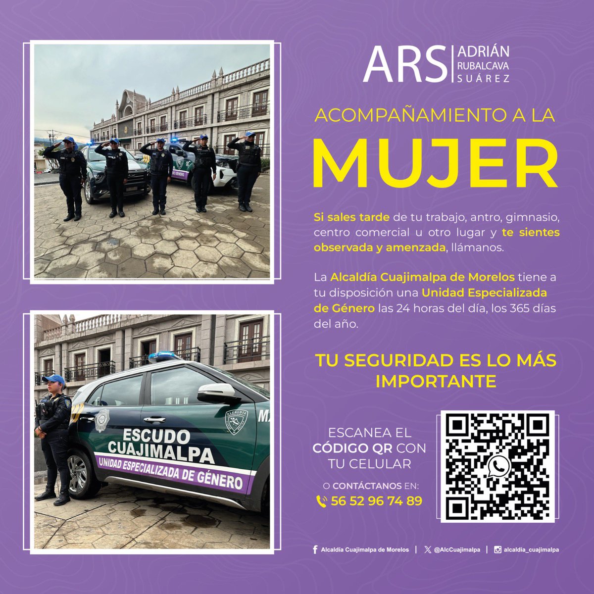 Te recuerdo que en la @AlcCuajimalpa tenemos el acompañamiento a la mujer, si te sientes en peligro escanea el código QR para que tengas respuesta inmediata de nuestras unidades de género. #SiempreContigo