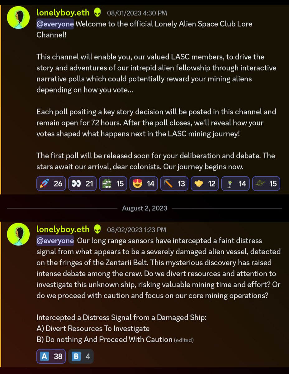 kodBTC's tweet image. The most recent lore update has me on the edge of my seat, what a cliffhanger 👀👽

Since the beginning of August, @thelonelyaliens have been dropping bits of interactive lore on discord in which all citizens on the mothership or through the galaxy have the opportunity to vote on…