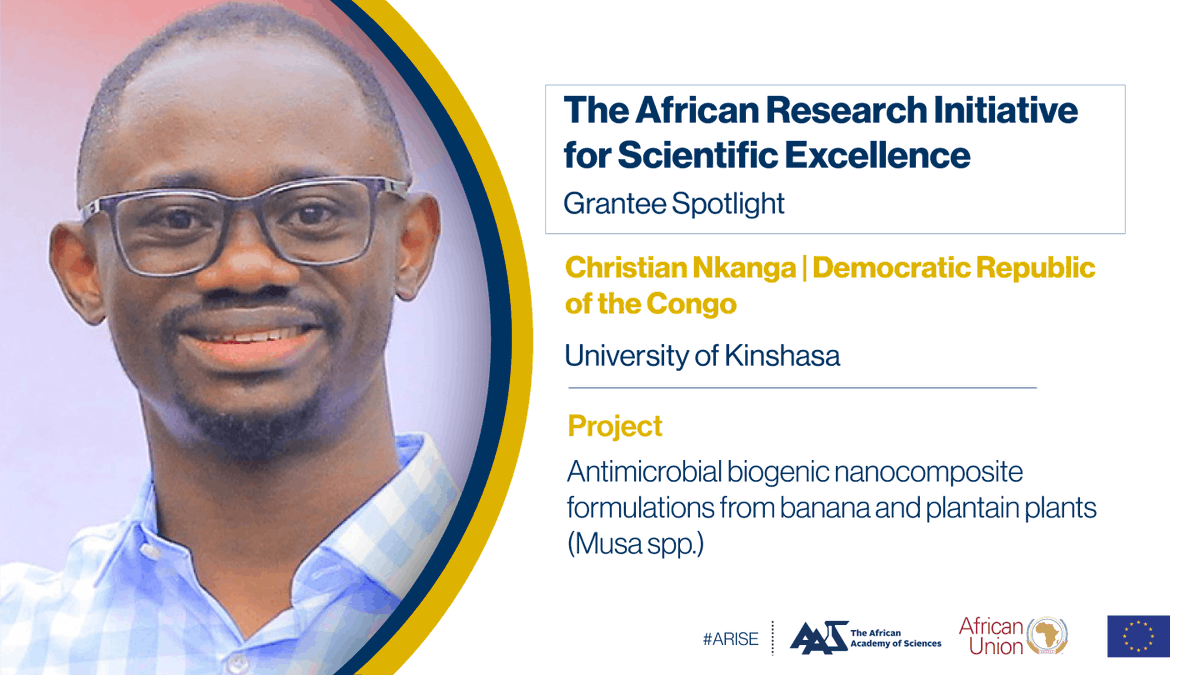 AASciences's tweet photo. Research Spotlight 💡
#ARISE Fellow Christian Nkanga from #DRC is exploring ways to transform banana and plantain waste into biogenic sanitizers to tackle antimicrobial resistance #AMR in Africa.
Learn more👉https://t.co/tP8RQR5kmG
#SDG3
@EU_Partnerships
@_AfricanUnion
@Unikinrdc https://t.co/tkIQ91I8Bh