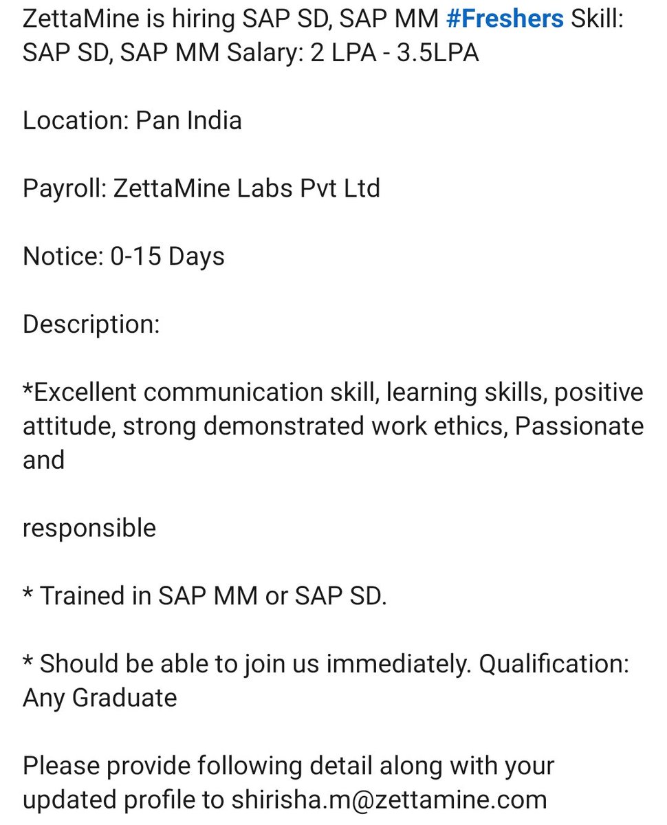 jobsin32's tweet image. Follow us for more updates

#sapmm #sapmmjobs #sapmmtraining #sapmmconsultant #sapmmmodule #sapsdtraining #sapsdonlinetraining #sapsdconsultants #sapsd #sapsdjobs #sapsdconsultant