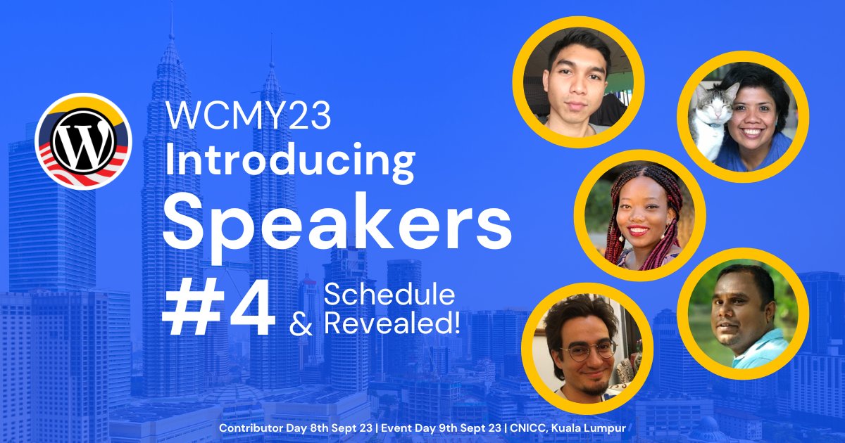 WordCampMY's tweet photo. We’re thrilled to unveil the final wave of speaker announcements along with the conference day timetable. #WCMY23 
🎤Amirul Nordin
🎤Devin Maeztri
🎤Laura Kuimba Yu
🎤Leonardo Losoviz
🎤Liton Arefin

https://t.co/iIiTqh3PI3 https://t.co/urgZcajU97