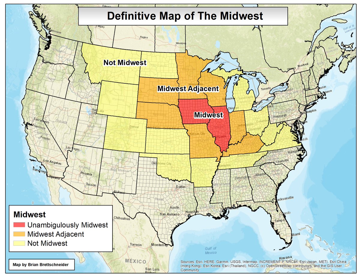 A lot of people have opined about where the Midwest is. Here's my take. Iowa and Illinois are unambiguously Midwest. A few other states are Midwest adjacent and therefore have some claim to the region. Everywhere else - not Midwest.