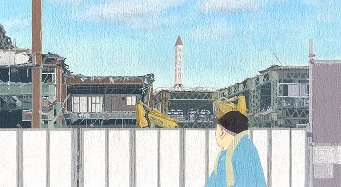 工場工事中を描きました。好きな工場でした。2枚目が外階段が目をひく生きていた頃の工場です。ほら、看板の三角屋根の先っちょが左上に見えるでしょ、このもうちょっと前は、敷地内に老犬が大切に飼われていました。好きな工場でした。 