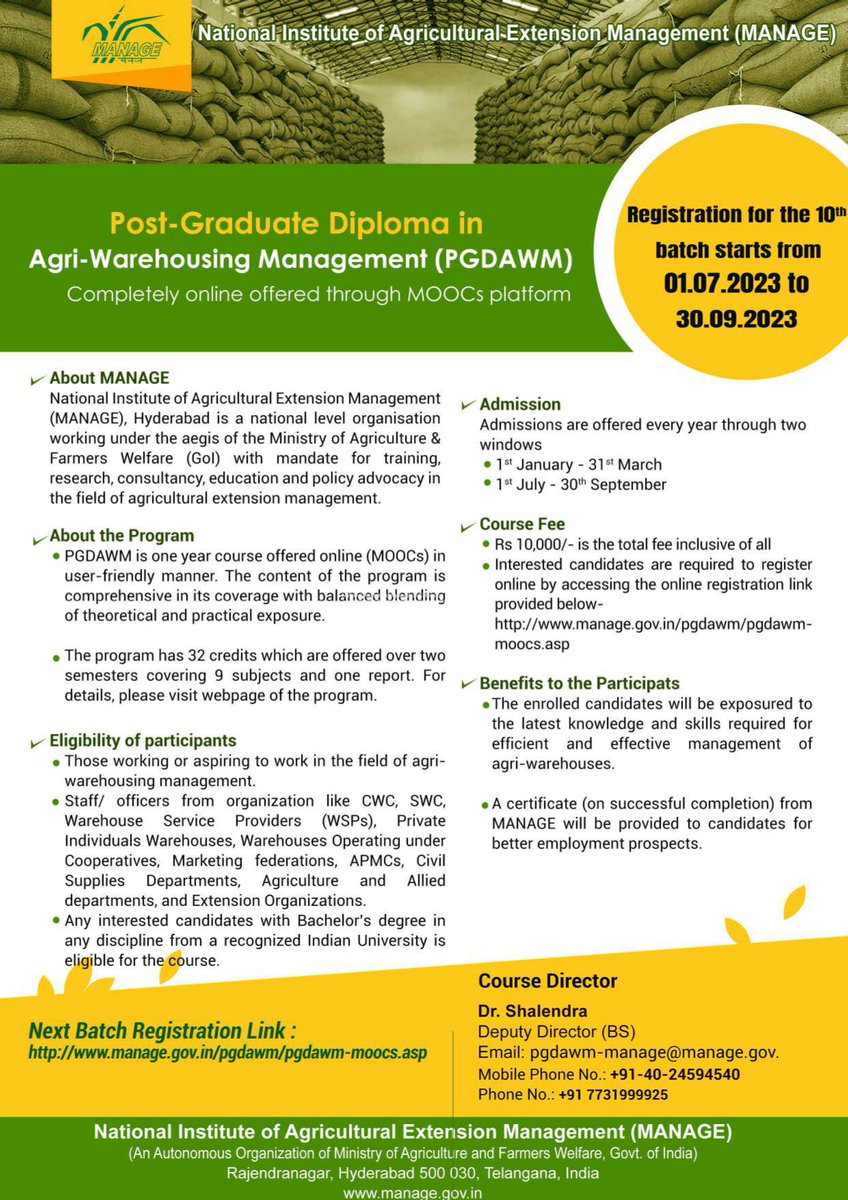 ManageHyd's tweet photo. 📢#Admission is now #Open for the #PGDAWM-#MOOCs program!🎓If you hold a #GraduationDegree,this is your chance to enhance your #Skills
For furtherdetails:https://t.co/JQiFZkYe01
#AgriculturalExtension #MANAGEites @AgriGoI @MediaCellMANAGE @chandraagri @SecyAgriGoI @Sampraveen0406 https://t.co/43lafsJ8wC