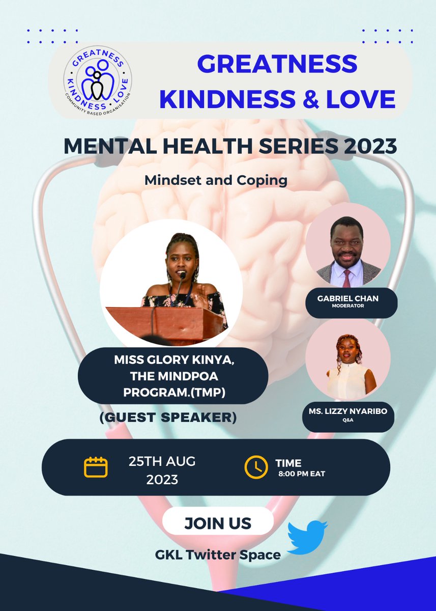 We welcome you all to another GKL CBO Mental Health Series of 2023 - Mindset and Coping. The session will take place on Twitter Space. Date Friday 25th August 2023 time as from 8:00PM EAT time.Click on the link below👇🏿 to schedule a reminder x.com/i/spaces/1kvKp…