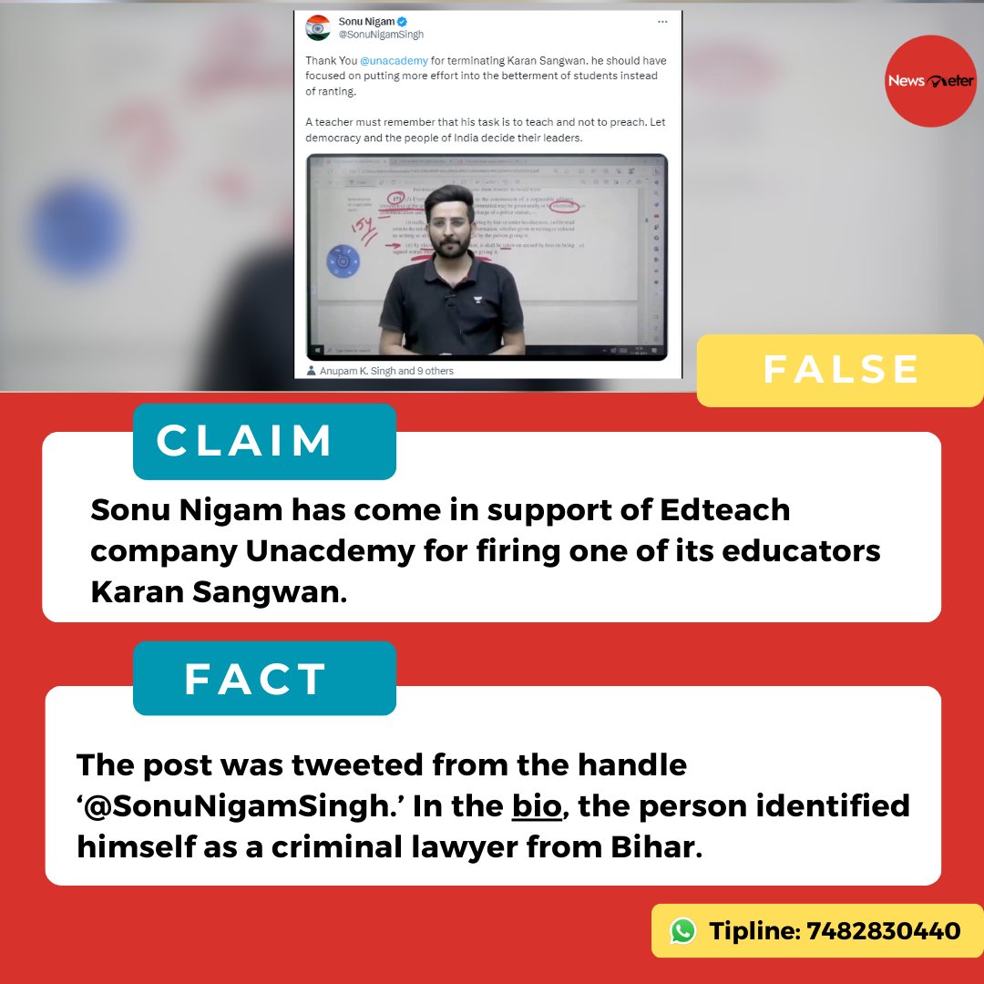 NewsmeterFacts's tweet photo. #NewsMeterFactCheck | Media outlets and social media users have falsely claimed that singer Sonu Nigam has come in support of ed-tech company Unacademy for firing one of its educators Karan Sangwan.
Read here: https://t.co/zaGRJXG7r8 https://t.co/bYqWyhzElU