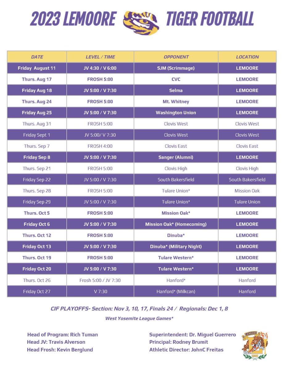 LemooreASB's tweet photo. Hey Tigers!!🐯This year’s calendar is attached. Our first home game is Friday ⚠️August 18th.⚠️Excited to kick off the football season with you all! Bring your ID card for student entry and remember if your card says “ASB” then you get in free! 🪪 https://t.co/5byDx6Zlot